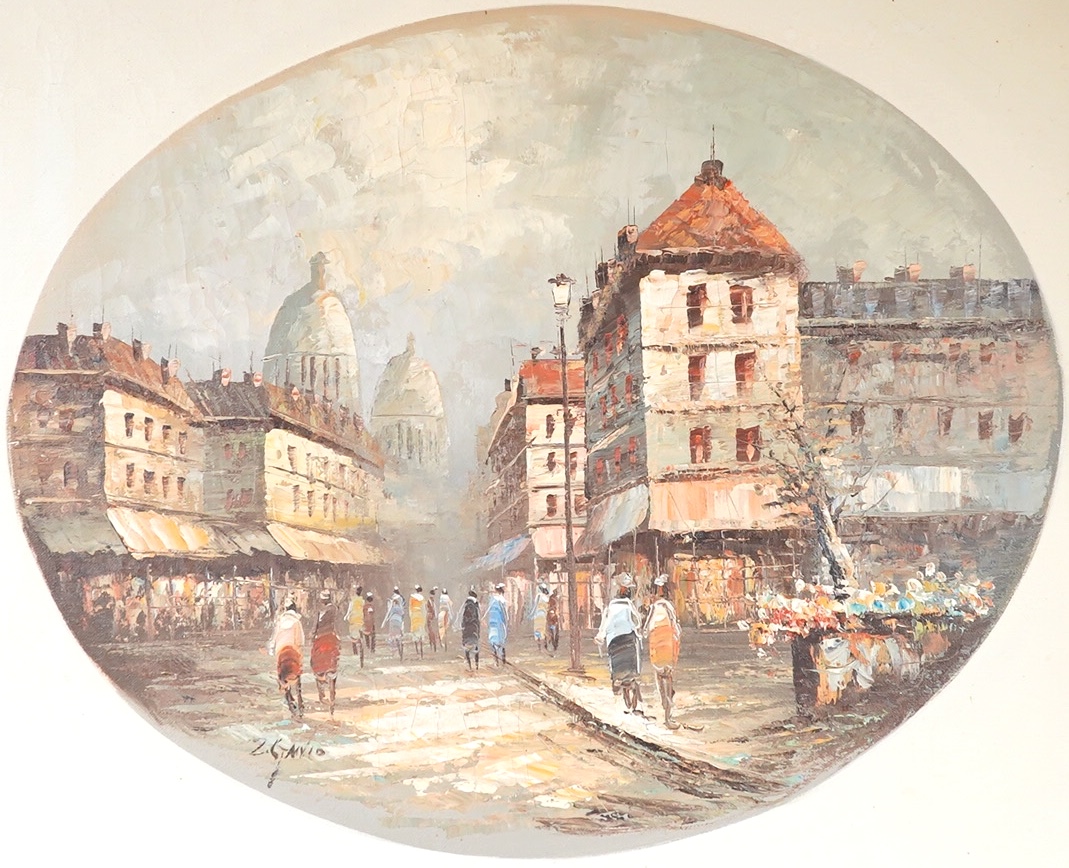 Impressionist, Busy French street scene, indistinctly signed, feigned oval oil on canvas, overall 50 x 60cm, unframed